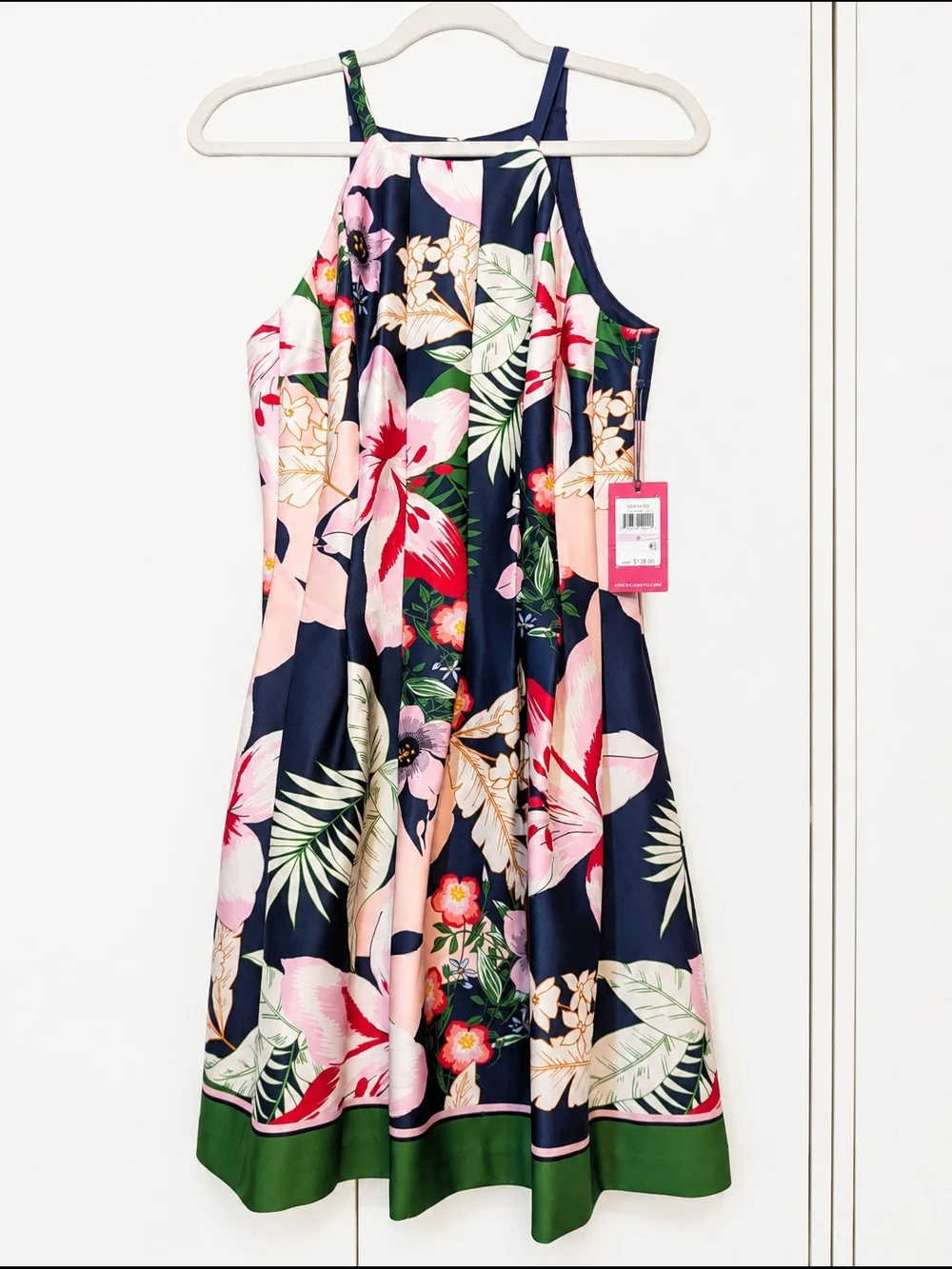 Vince Camuto Navy Floral Halter Midi Dress with Green Trim - Picture 2 of 9